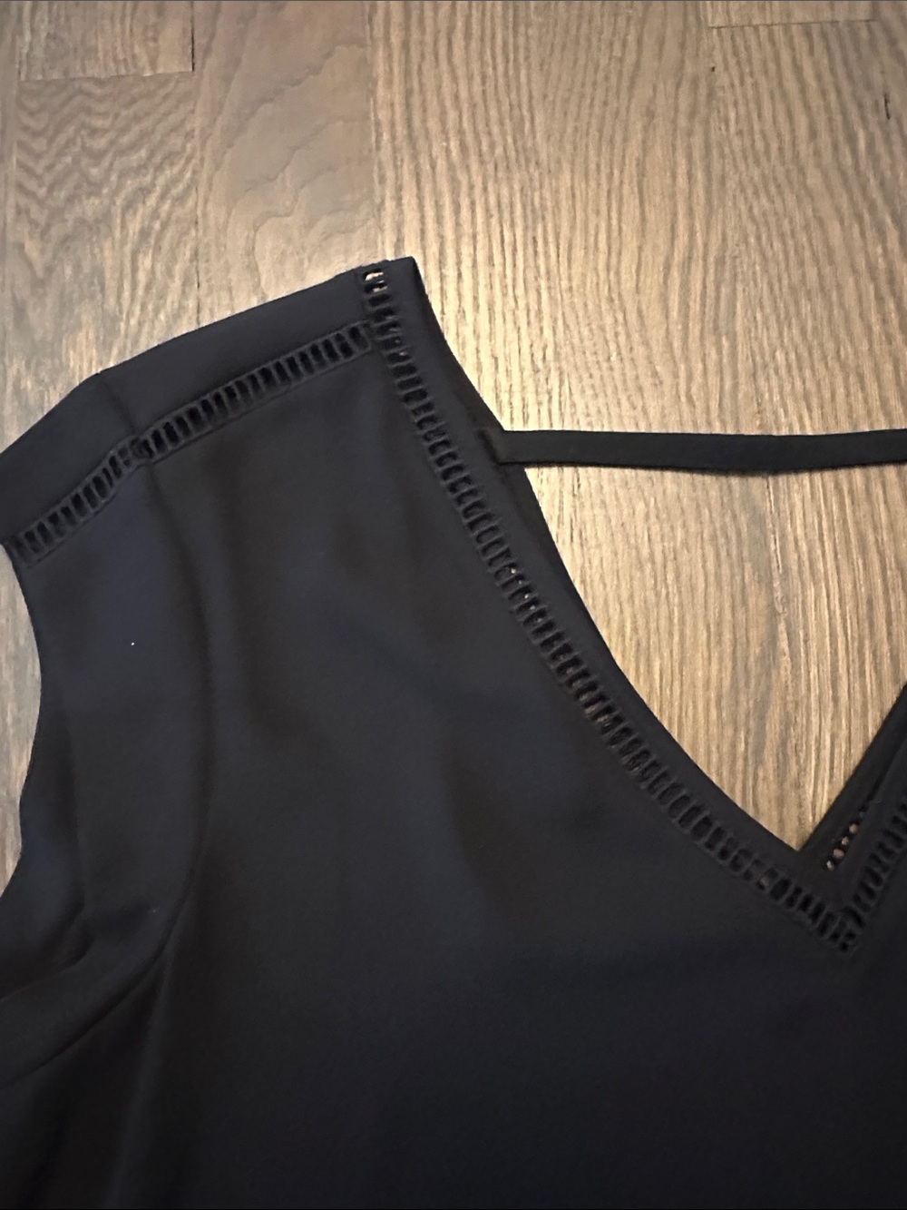 DR2 Black V-Neck Cap Sleeve Blouse with Ladder Trim - Picture 3 of 4